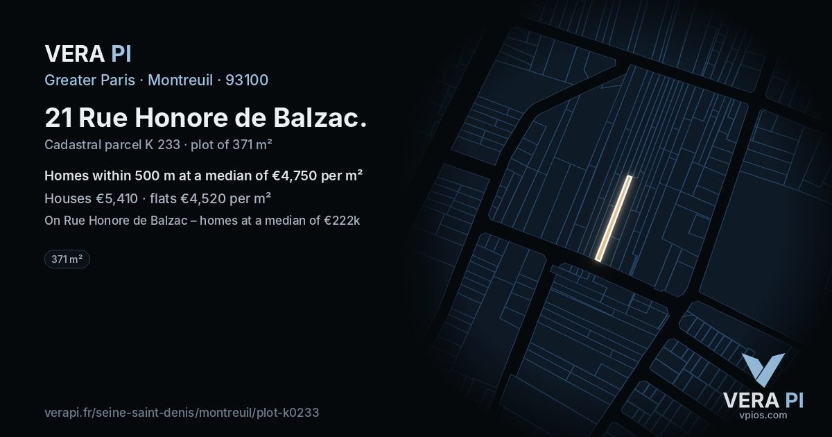 21 Rue Honore de Balzac, Montreuil at night – the plot lit, the parcels around coloured by the prices near them