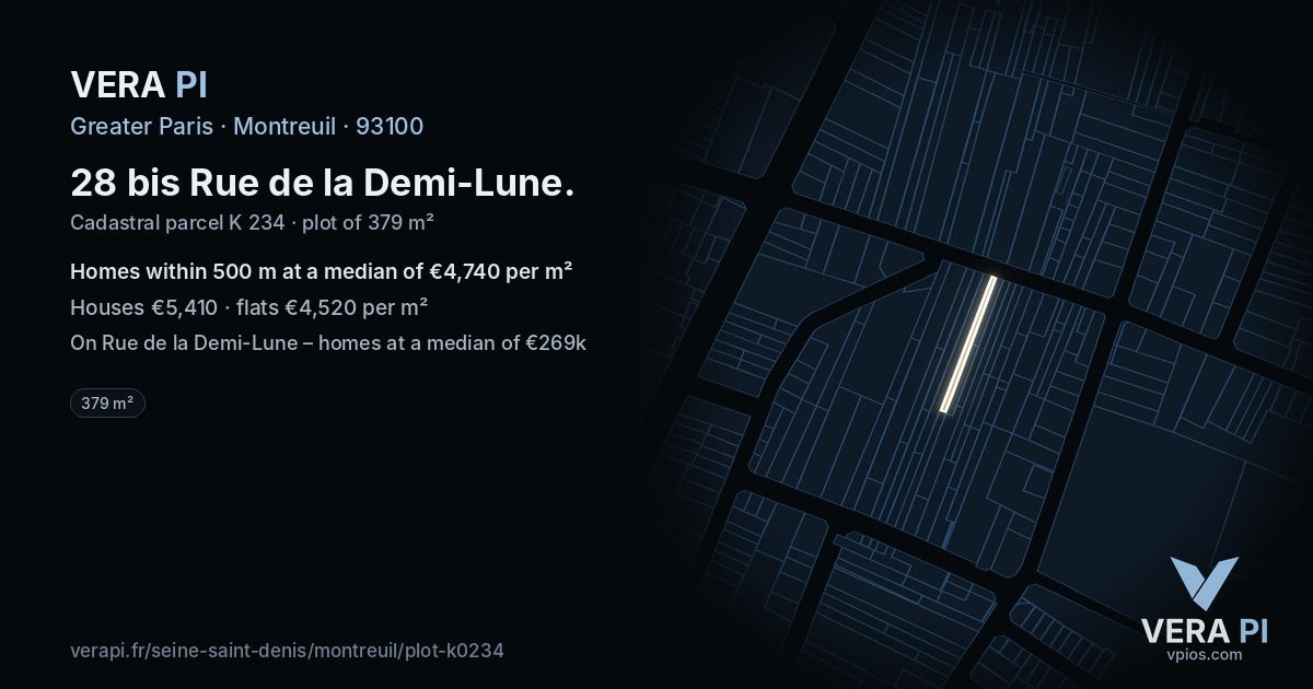 28 bis Rue de la Demi-Lune, Montreuil at night – the plot lit, the parcels around coloured by the prices near them