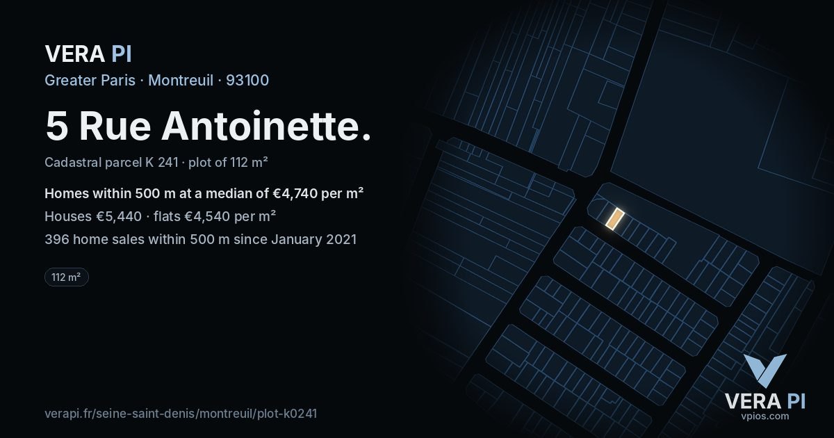 5 Rue Antoinette, Montreuil at night – the plot lit, the parcels around coloured by the prices near them