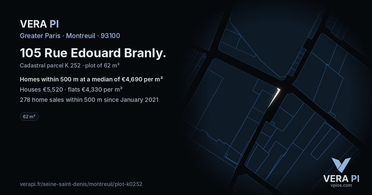 105 Rue Edouard Branly, Montreuil at night – the plot lit, the parcels around coloured by the prices near them