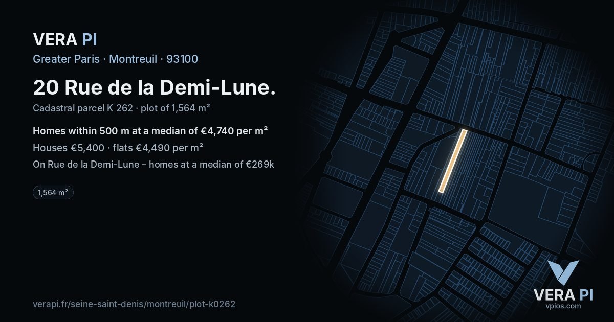 20 Rue de la Demi-Lune, Montreuil at night – the plot lit, the parcels around coloured by the prices near them