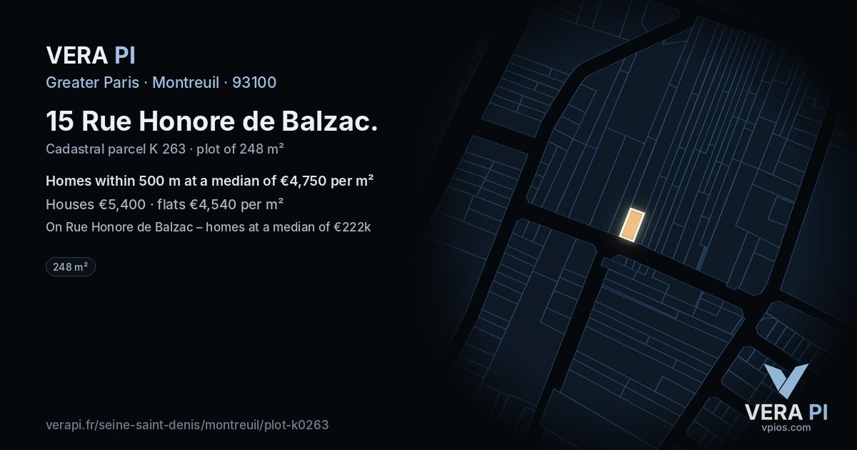 15 Rue Honore de Balzac, Montreuil at night – the plot lit, the parcels around coloured by the prices near them
