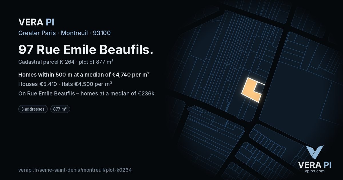 97 Rue Emile Beaufils, Montreuil at night – the plot lit, the parcels around coloured by the prices near them