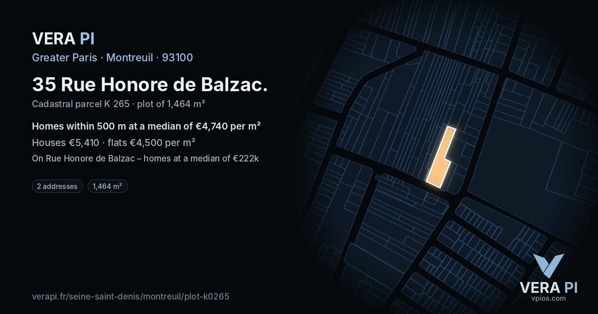 35 Rue Honore de Balzac, Montreuil at night – the plot lit, the parcels around coloured by the prices near them