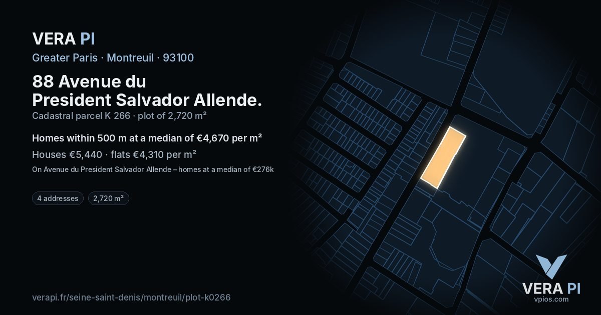 88 Avenue du President Salvador Allende, Montreuil at night – the plot lit, the parcels around coloured by the prices near them