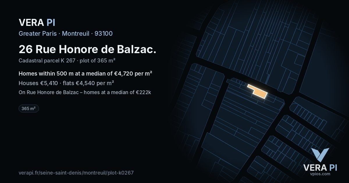 26 Rue Honore de Balzac, Montreuil at night – the plot lit, the parcels around coloured by the prices near them
