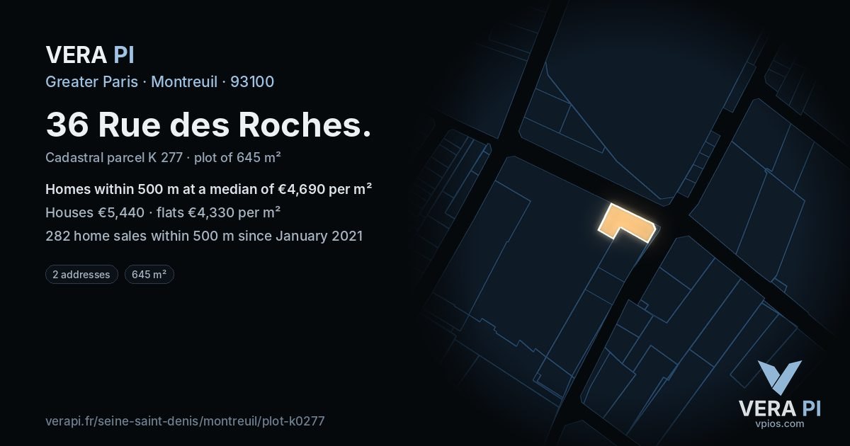 36 Rue des Roches, Montreuil at night – the plot lit, the parcels around coloured by the prices near them