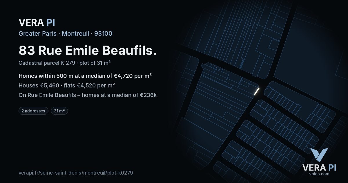 83 Rue Emile Beaufils, Montreuil at night – the plot lit, the parcels around coloured by the prices near them