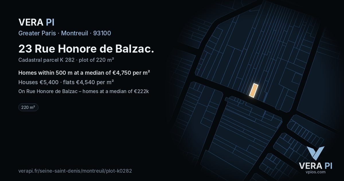 23 Rue Honore de Balzac, Montreuil at night – the plot lit, the parcels around coloured by the prices near them