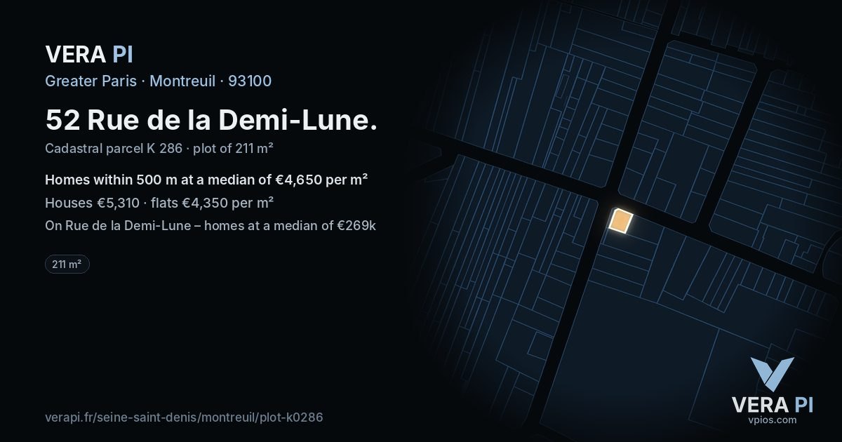 52 Rue de la Demi-Lune, Montreuil at night – the plot lit, the parcels around coloured by the prices near them