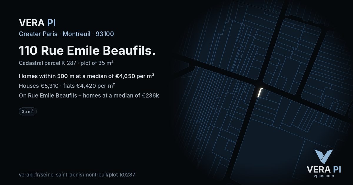 110 Rue Emile Beaufils, Montreuil at night – the plot lit, the parcels around coloured by the prices near them