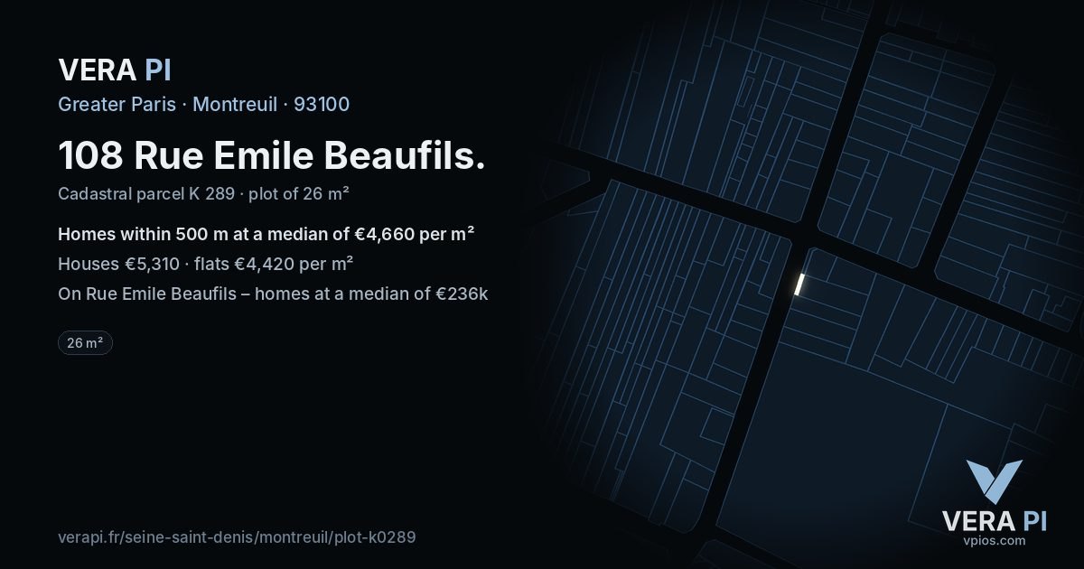 108 Rue Emile Beaufils, Montreuil at night – the plot lit, the parcels around coloured by the prices near them