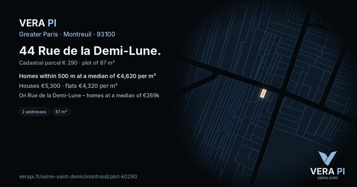 44 Rue de la Demi-Lune, Montreuil at night – the plot lit, the parcels around coloured by the prices near them