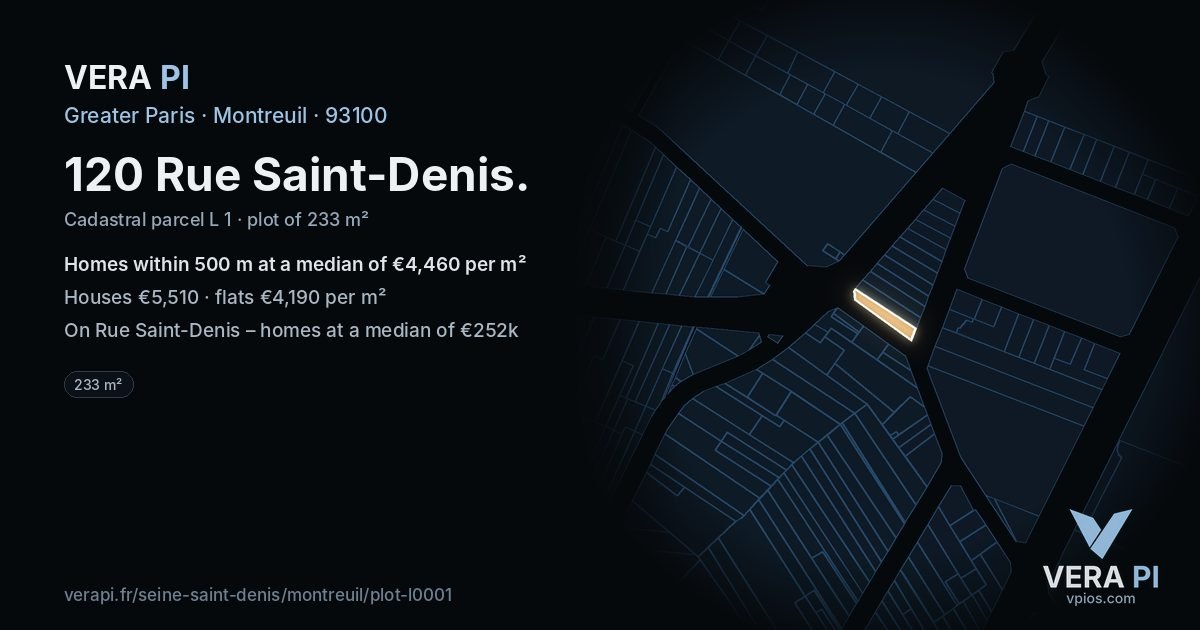 120 Rue Saint-Denis, Montreuil at night – the plot lit, the parcels around coloured by the prices near them