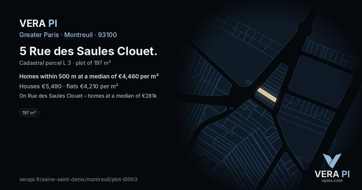 5 Rue des Saules Clouet, Montreuil at night – the plot lit, the parcels around coloured by the prices near them