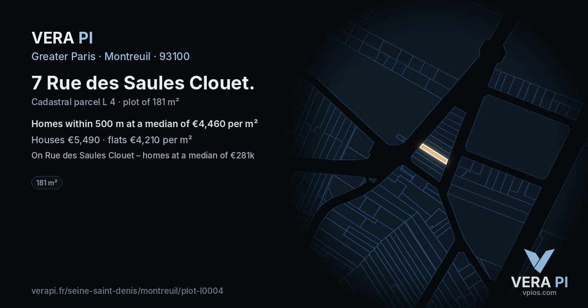 7 Rue des Saules Clouet, Montreuil at night – the plot lit, the parcels around coloured by the prices near them