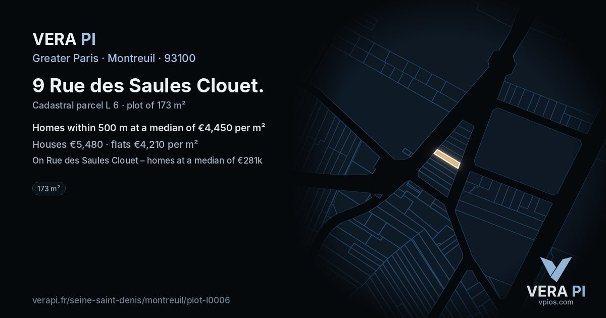 9 Rue des Saules Clouet, Montreuil at night – the plot lit, the parcels around coloured by the prices near them