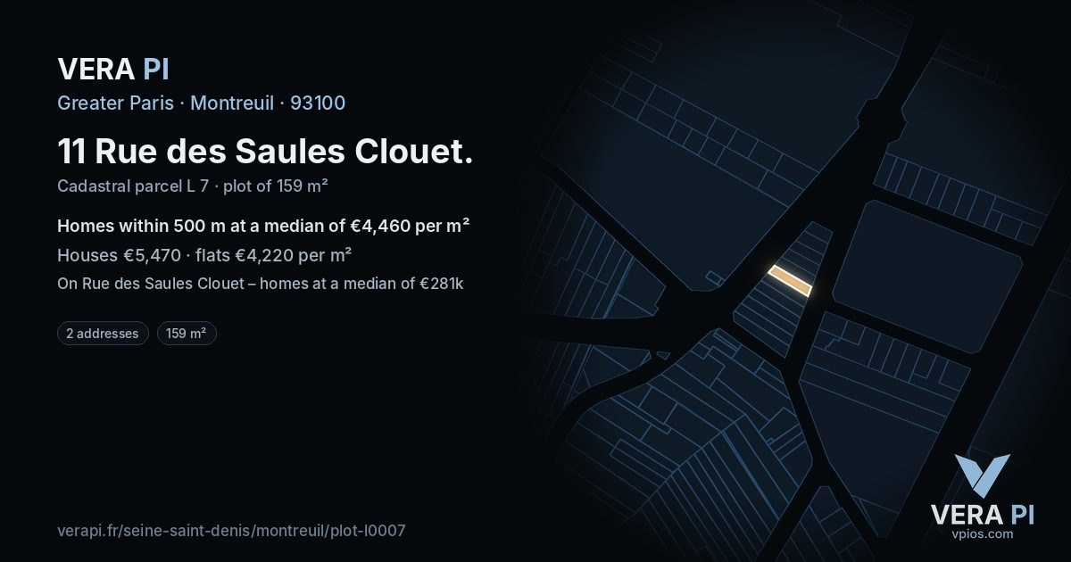 11 Rue des Saules Clouet, Montreuil at night – the plot lit, the parcels around coloured by the prices near them