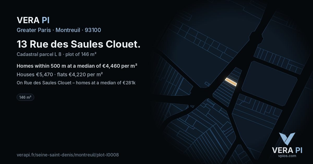 13 Rue des Saules Clouet, Montreuil at night – the plot lit, the parcels around coloured by the prices near them