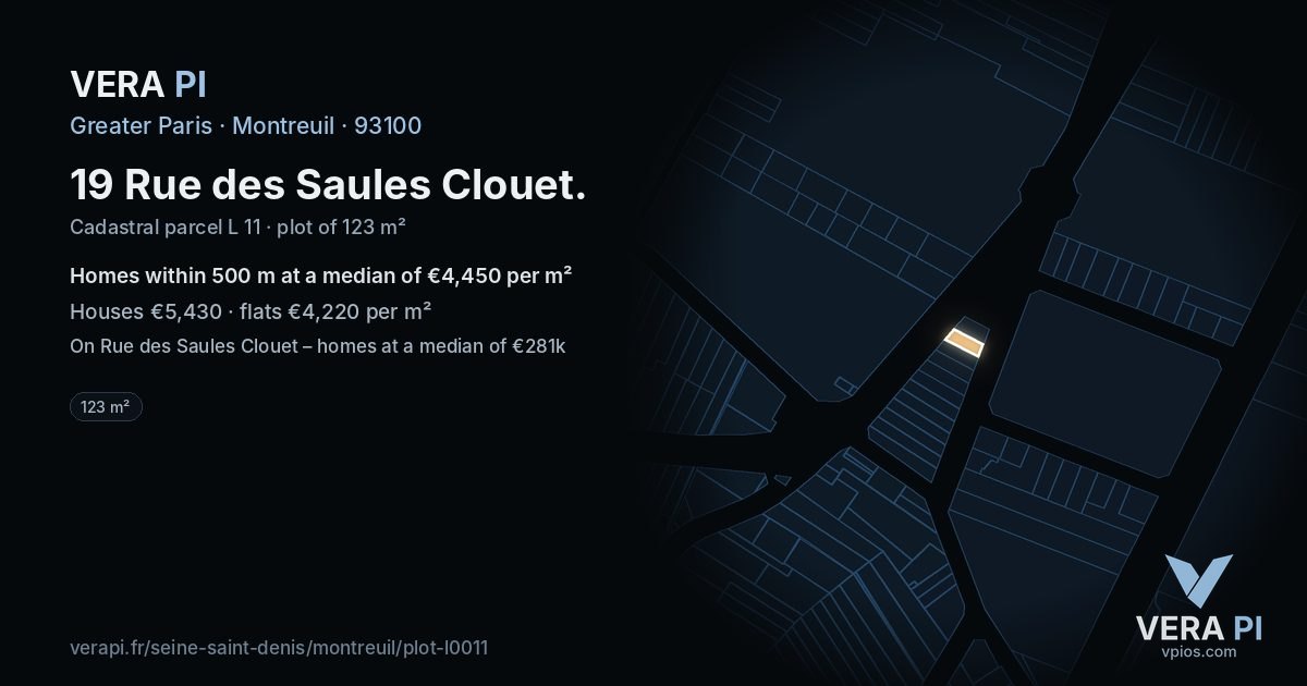 19 Rue des Saules Clouet, Montreuil at night – the plot lit, the parcels around coloured by the prices near them