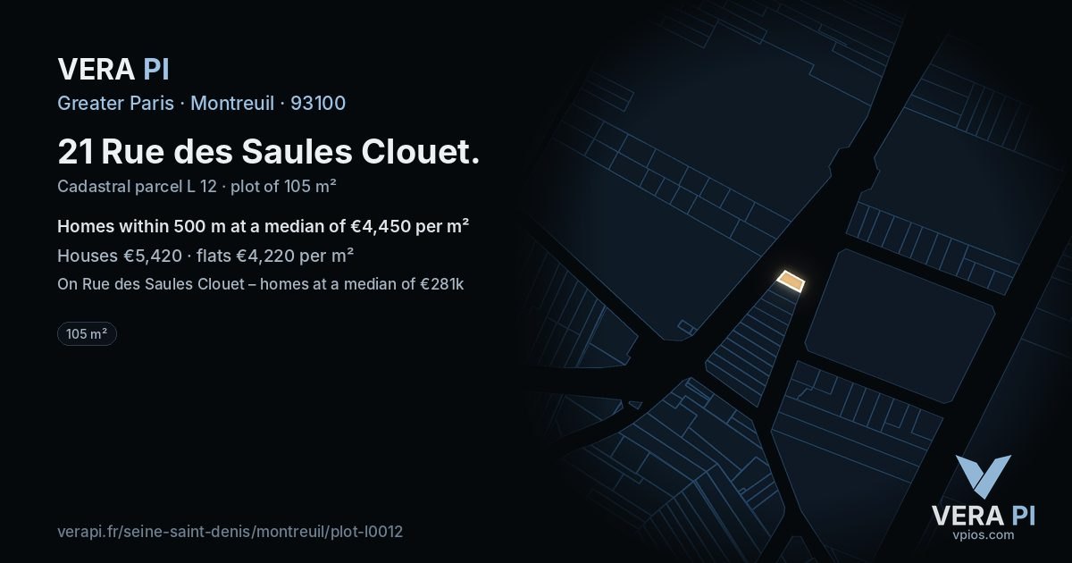 21 Rue des Saules Clouet, Montreuil at night – the plot lit, the parcels around coloured by the prices near them