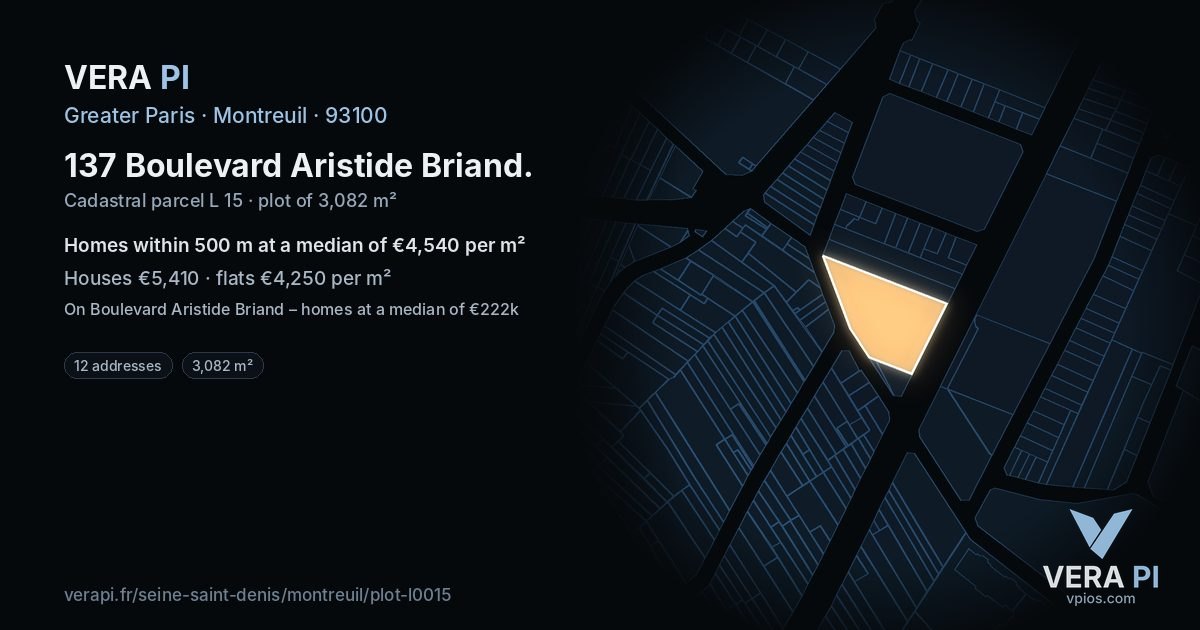 137 Boulevard Aristide Briand, Montreuil at night – the plot lit, the parcels around coloured by the prices near them