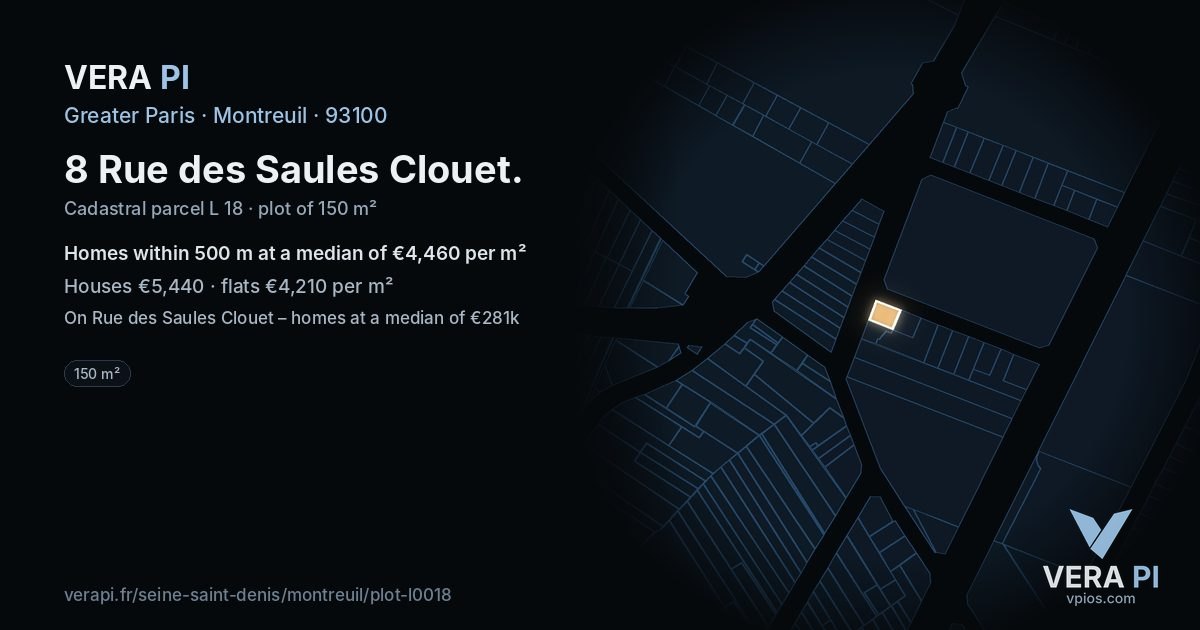 8 Rue des Saules Clouet, Montreuil at night – the plot lit, the parcels around coloured by the prices near them