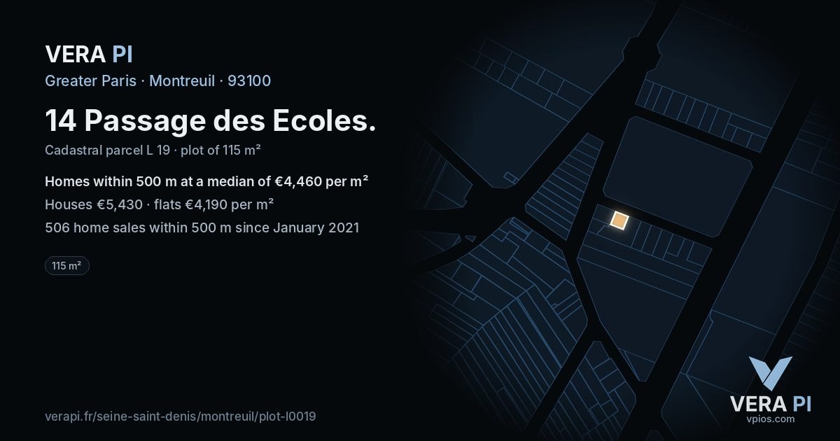 14 Passage des Ecoles, Montreuil at night – the plot lit, the parcels around coloured by the prices near them