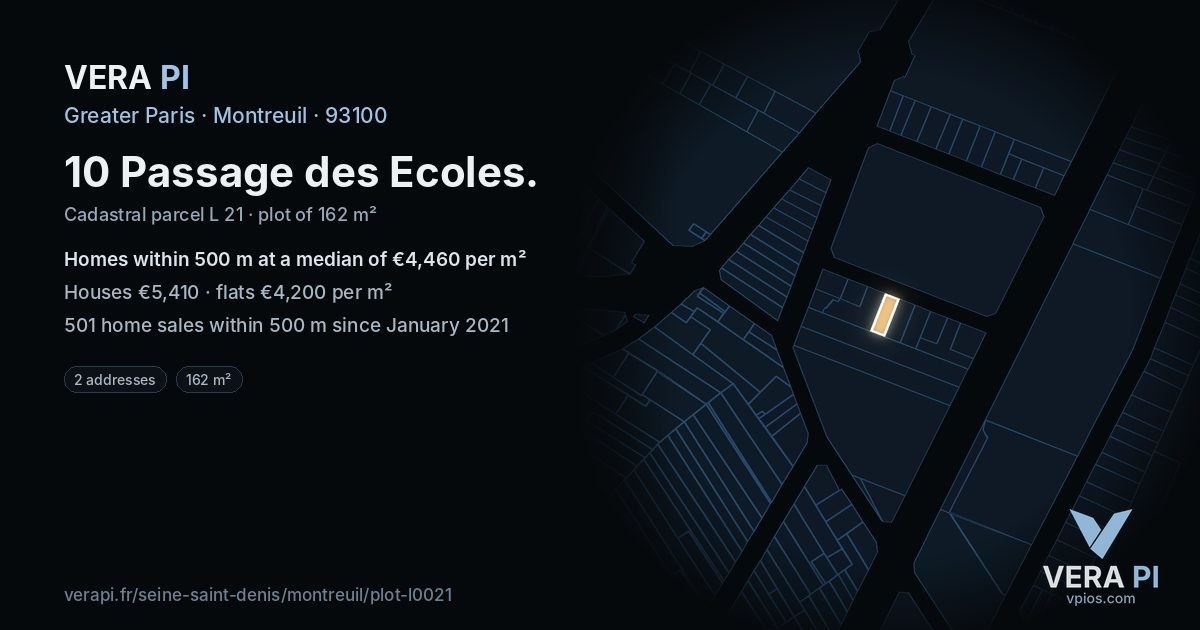 10 Passage des Ecoles, Montreuil at night – the plot lit, the parcels around coloured by the prices near them