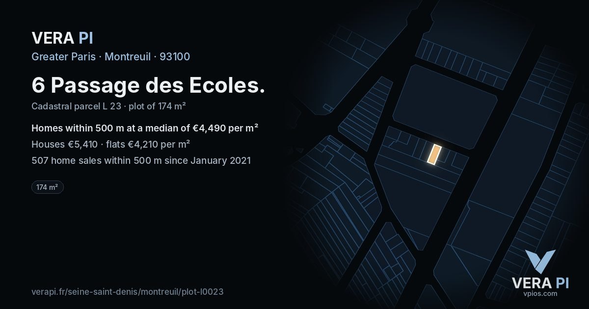 6 Passage des Ecoles, Montreuil at night – the plot lit, the parcels around coloured by the prices near them