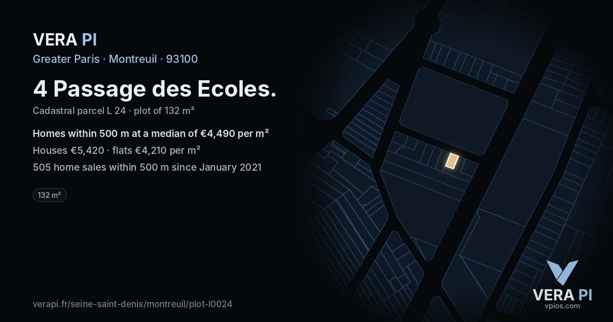 4 Passage des Ecoles, Montreuil at night – the plot lit, the parcels around coloured by the prices near them