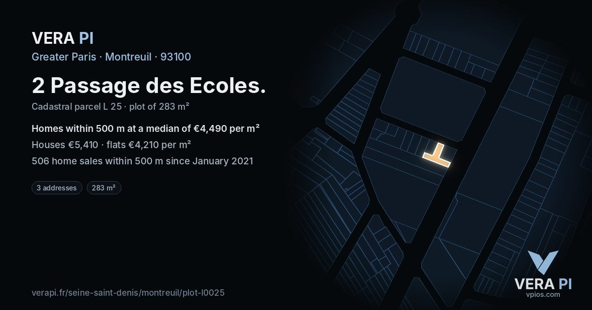 2 Passage des Ecoles, Montreuil at night – the plot lit, the parcels around coloured by the prices near them