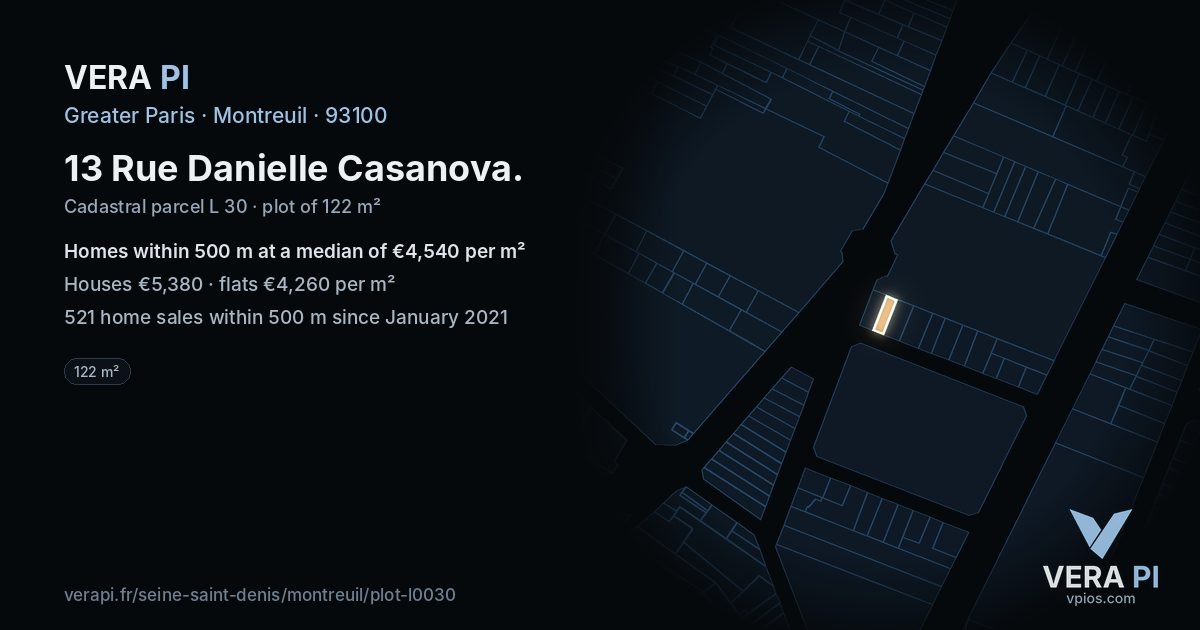 13 Rue Danielle Casanova, Montreuil at night – the plot lit, the parcels around coloured by the prices near them