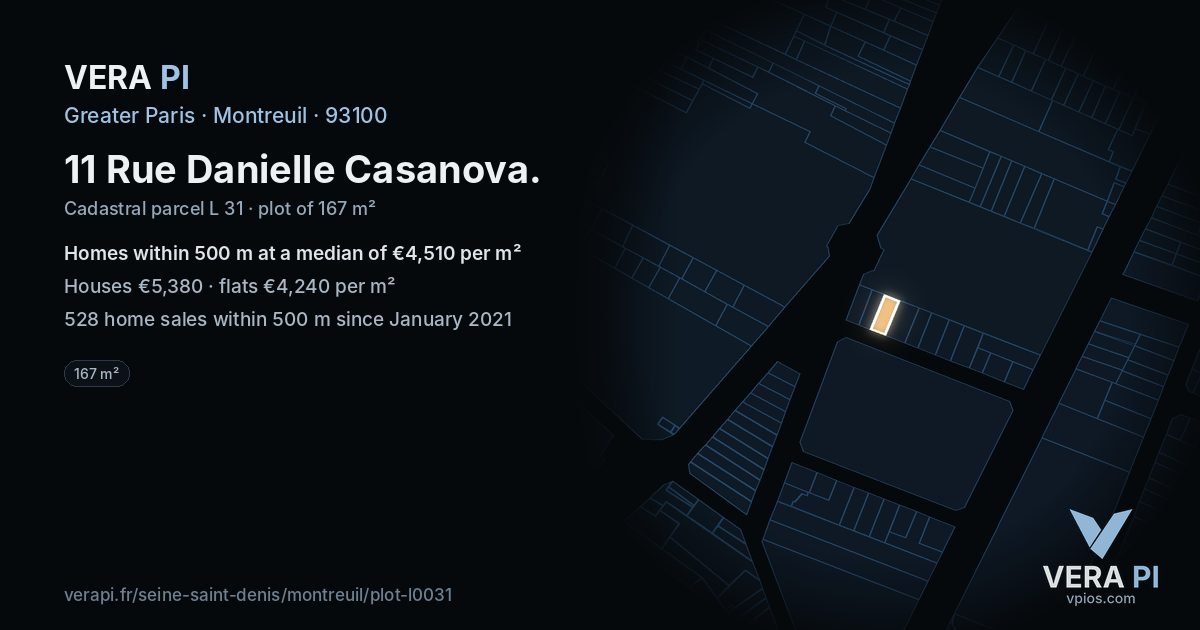 11 Rue Danielle Casanova, Montreuil at night – the plot lit, the parcels around coloured by the prices near them