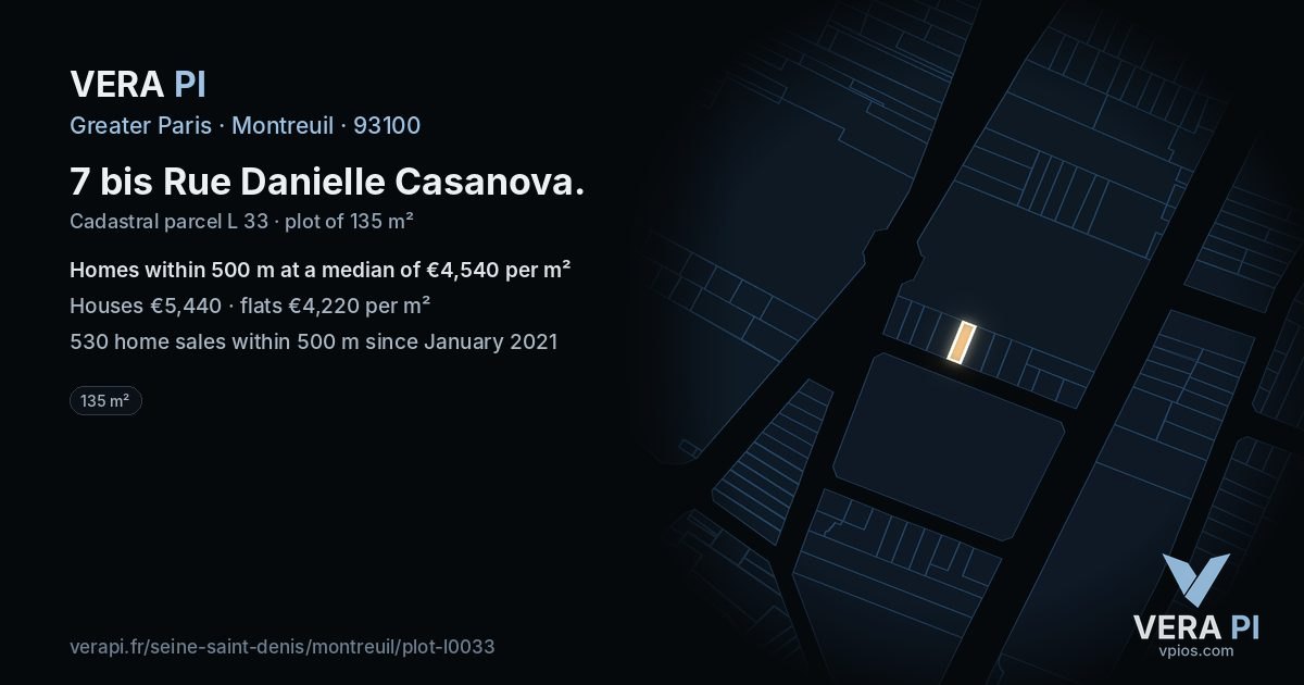 7 bis Rue Danielle Casanova, Montreuil at night – the plot lit, the parcels around coloured by the prices near them