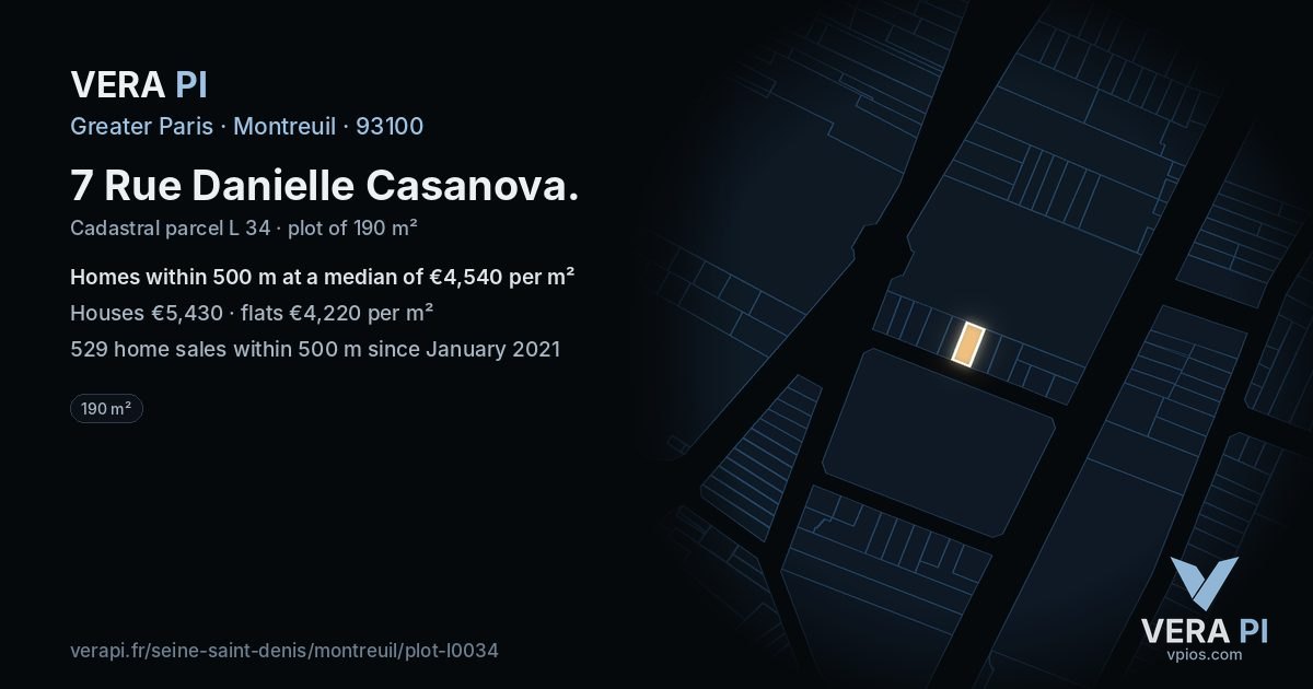 7 Rue Danielle Casanova, Montreuil at night – the plot lit, the parcels around coloured by the prices near them
