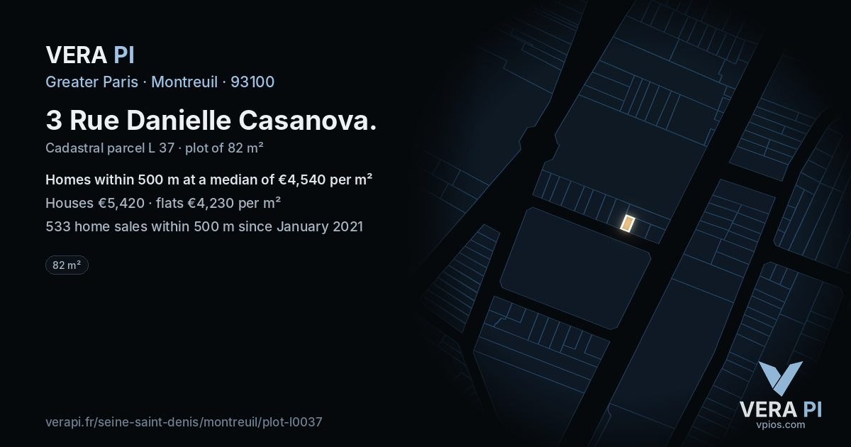 3 Rue Danielle Casanova, Montreuil at night – the plot lit, the parcels around coloured by the prices near them
