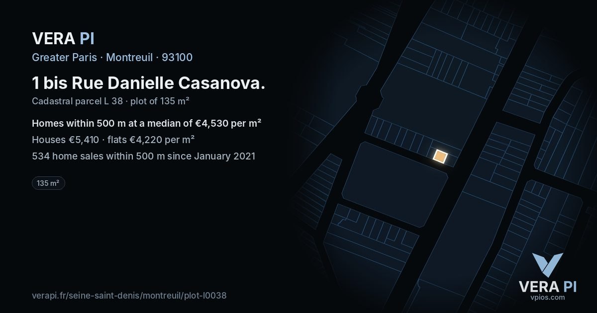 1 bis Rue Danielle Casanova, Montreuil at night – the plot lit, the parcels around coloured by the prices near them
