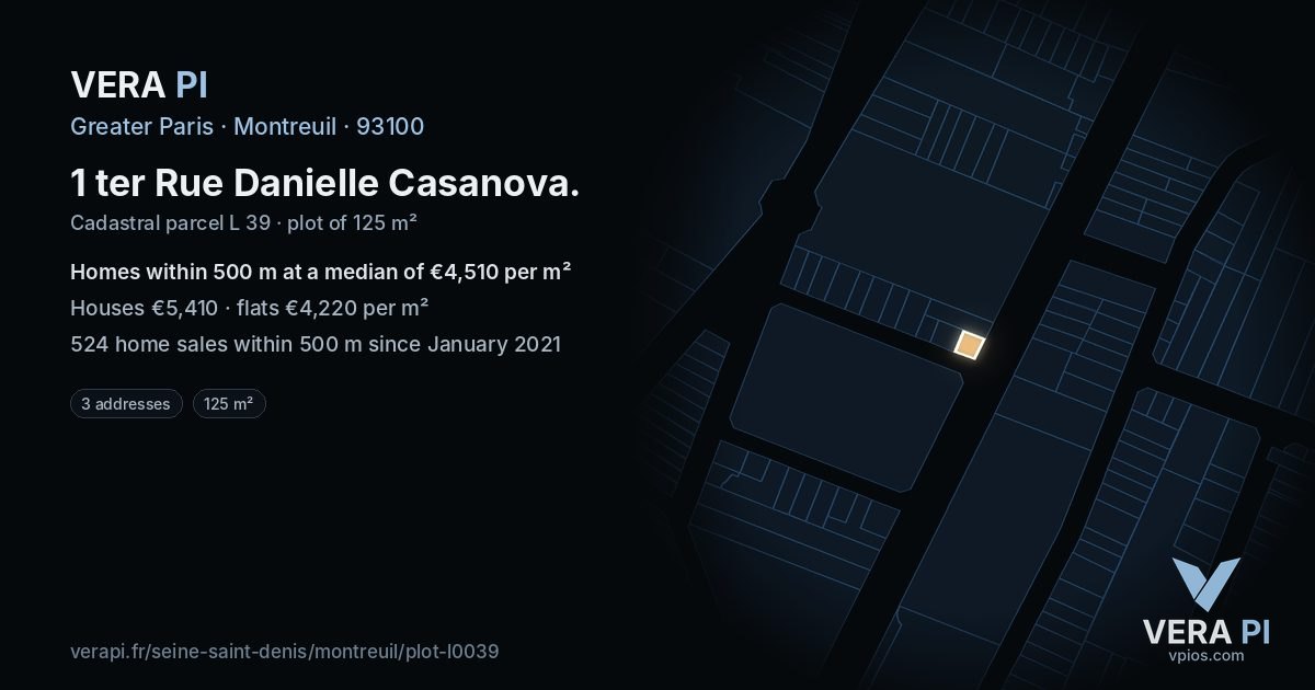 1 ter Rue Danielle Casanova, Montreuil at night – the plot lit, the parcels around coloured by the prices near them