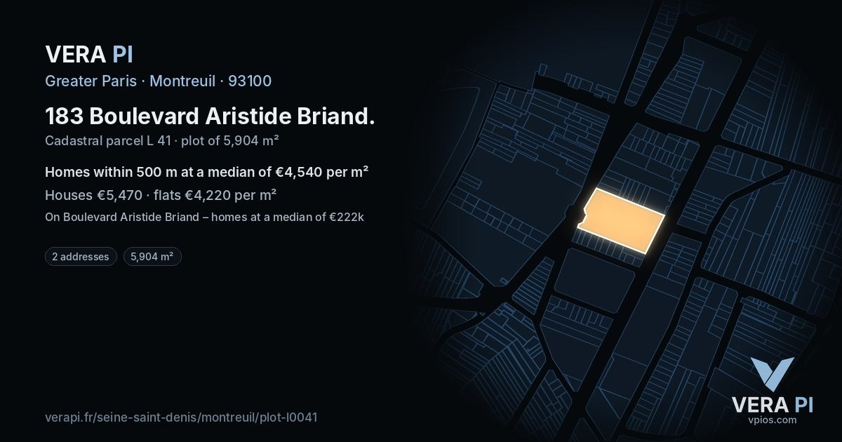 183 Boulevard Aristide Briand, Montreuil at night – the plot lit, the parcels around coloured by the prices near them
