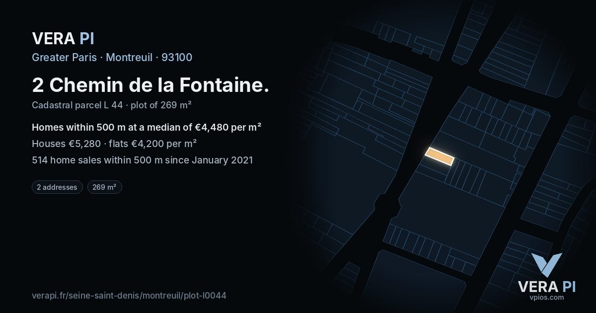 2 Chemin de la Fontaine, Montreuil at night – the plot lit, the parcels around coloured by the prices near them