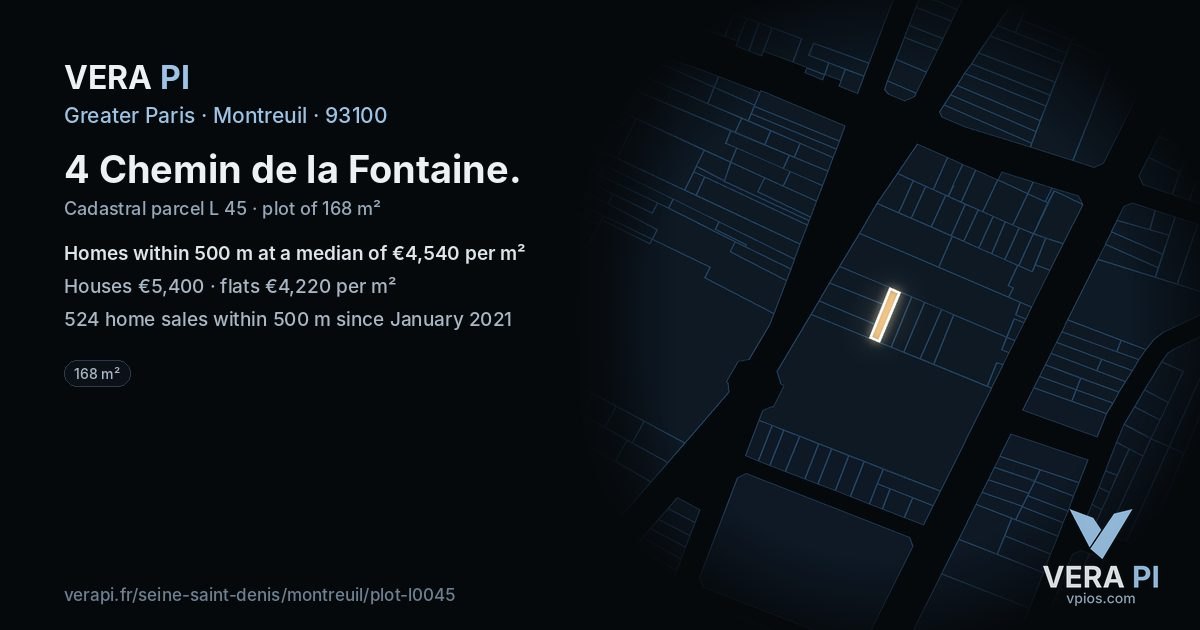 4 Chemin de la Fontaine, Montreuil at night – the plot lit, the parcels around coloured by the prices near them