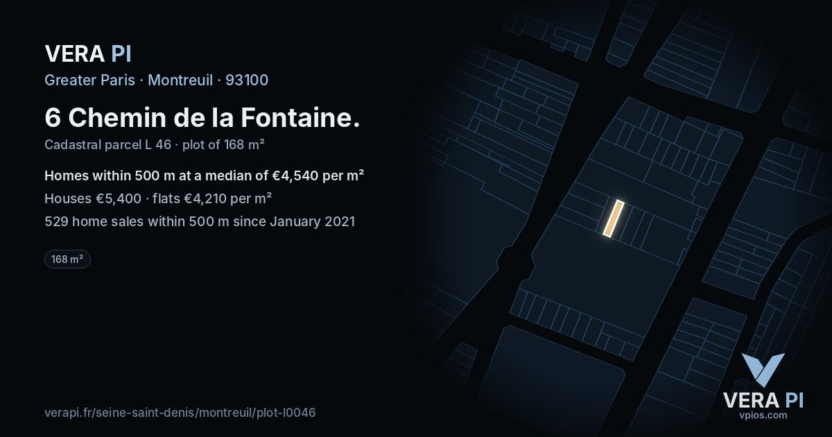 6 Chemin de la Fontaine, Montreuil at night – the plot lit, the parcels around coloured by the prices near them