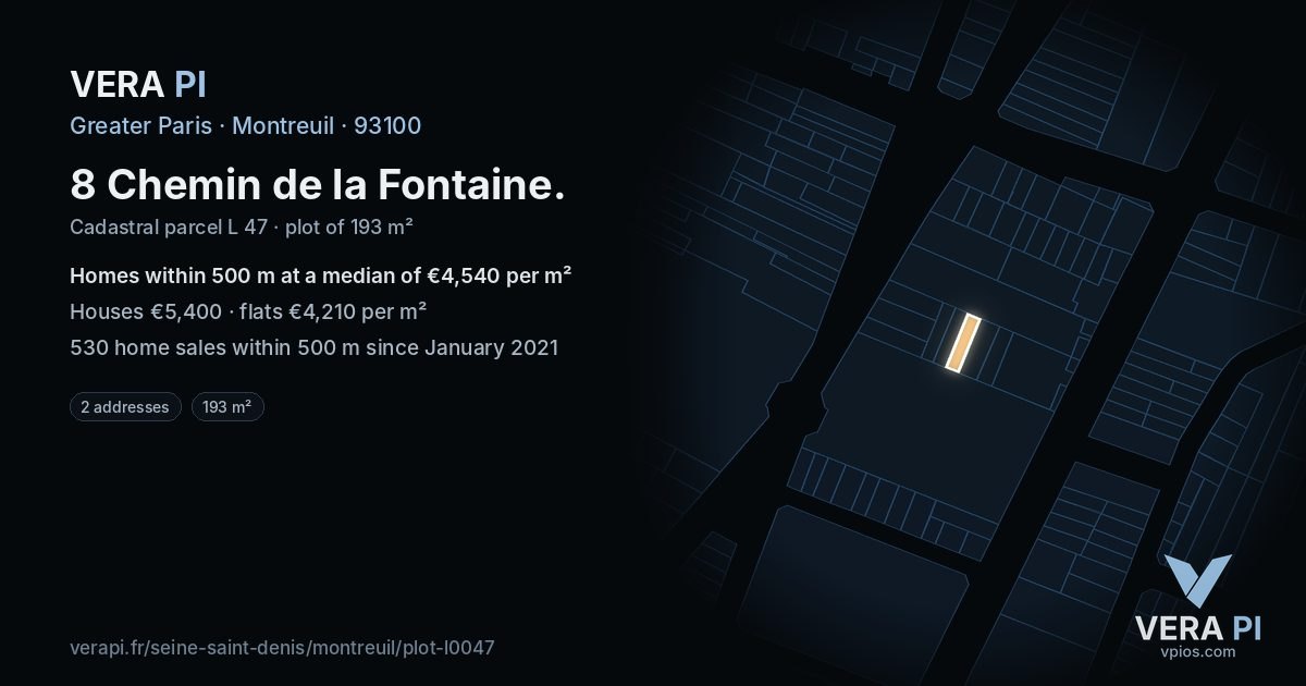 8 Chemin de la Fontaine, Montreuil at night – the plot lit, the parcels around coloured by the prices near them