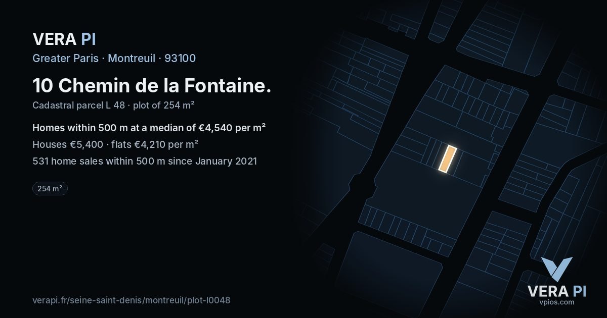 10 Chemin de la Fontaine, Montreuil at night – the plot lit, the parcels around coloured by the prices near them