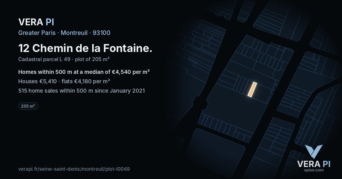 12 Chemin de la Fontaine, Montreuil at night – the plot lit, the parcels around coloured by the prices near them