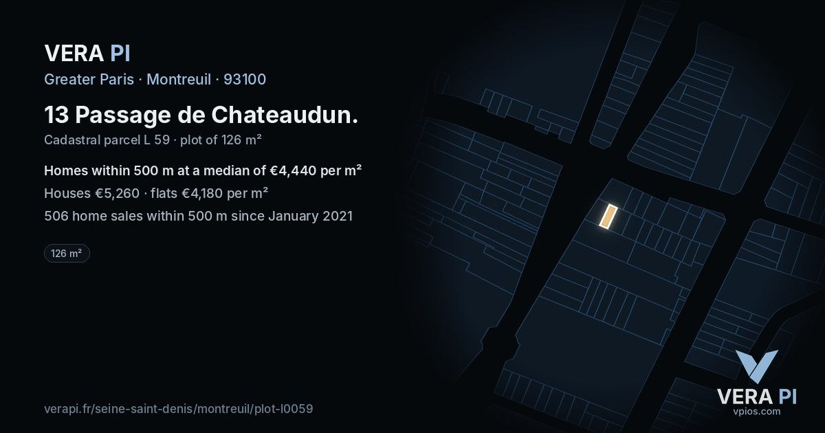 13 Passage de Chateaudun, Montreuil at night – the plot lit, the parcels around coloured by the prices near them