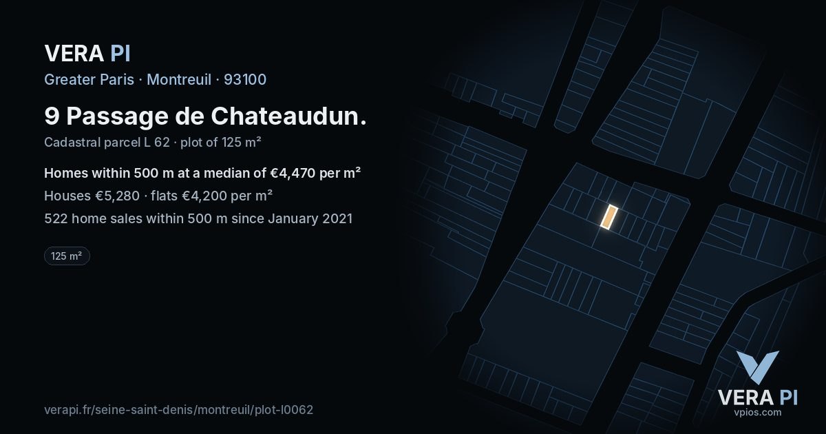 9 Passage de Chateaudun, Montreuil at night – the plot lit, the parcels around coloured by the prices near them