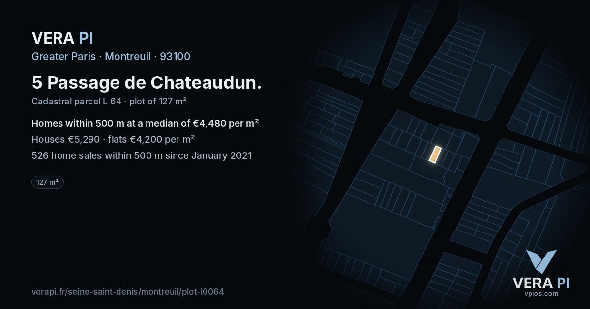 5 Passage de Chateaudun, Montreuil at night – the plot lit, the parcels around coloured by the prices near them
