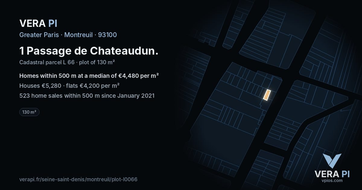 1 Passage de Chateaudun, Montreuil at night – the plot lit, the parcels around coloured by the prices near them